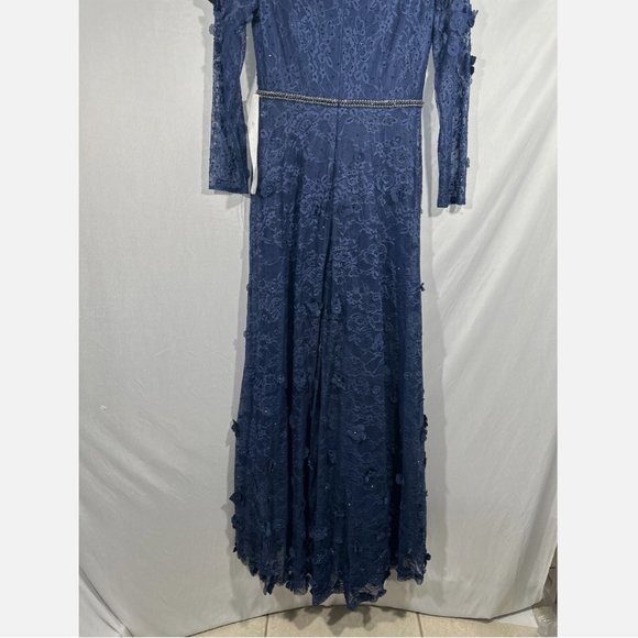 NEW $798 Mac Duggal [ 8 ] Floral Applique Long Sleeve Wrap Gown‎ Blue - Picture 12 of 16
